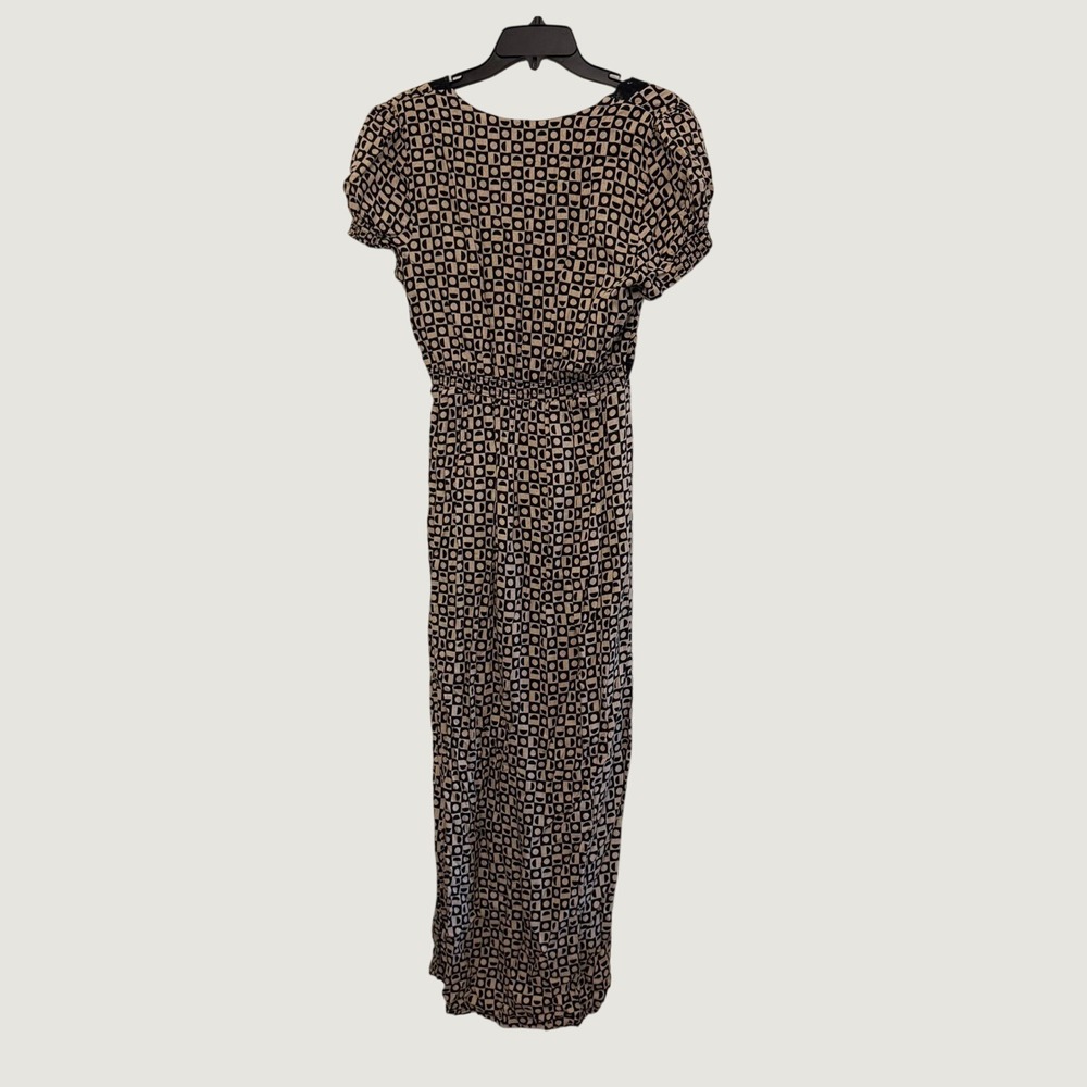 Free People Geometric Print Lace Trim V-Neck Maxi Dress Black Tan Slit Smocked M - Picture 9 of 9
